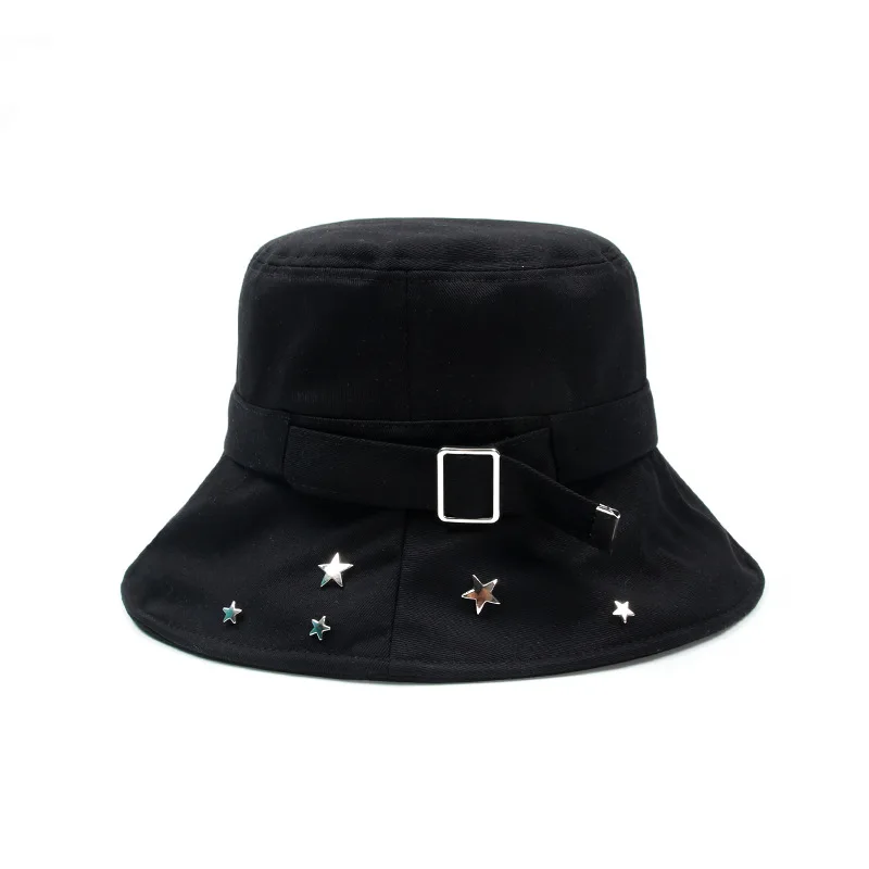 

Metallic Star Buckle Bucket Hats For Women Autumn Cotton Fashion Panama Caps Sun Sunscreen Fishing Black White Fisherman's Hat