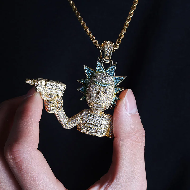 

Мужская цепочка с кулоном Рик Морти, ожерелье из теннисной цепи золотистого и серебристого цвета в стиле хип-хоп под заказ, изящная бижутери...