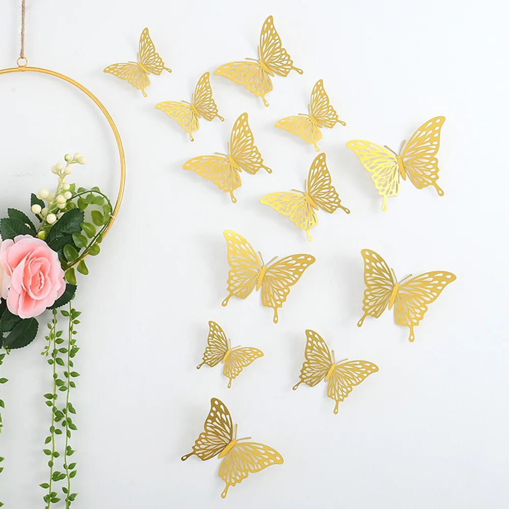 

12Pcs/set 3D Gold Butterflies Home Decor Rose Gold Silver Chrome Gold Butterfly Stickers for Wall Home Party Decor Supplies