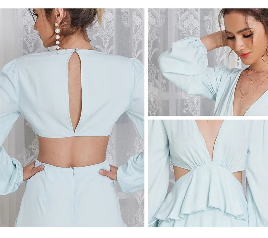 

2021 Women's Summer New Temperament Dress Sexy Hollow High Waist Deep V-neck Slim Slim Elegant Cake Zipper Dress Women Clothing