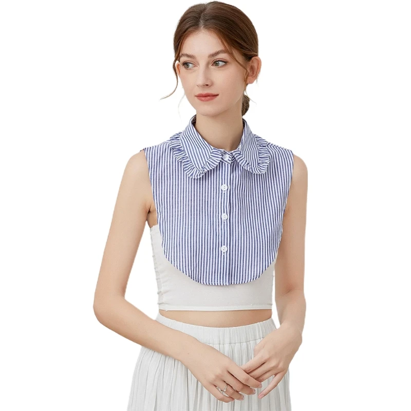 

Women Retro Blue Striped Print False Collar Office Lady Ruffles Lapel Half Shirt Blouse Mock Neck Layering Dickey
