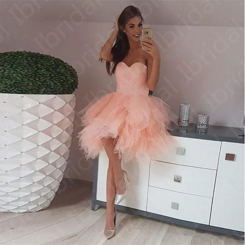 

2021 New On Sale Pink Homecoming Dresses Short Sweetheart Wedding Party Gowns Beading Bodice Ruffle Skirt Knee Length Affordable