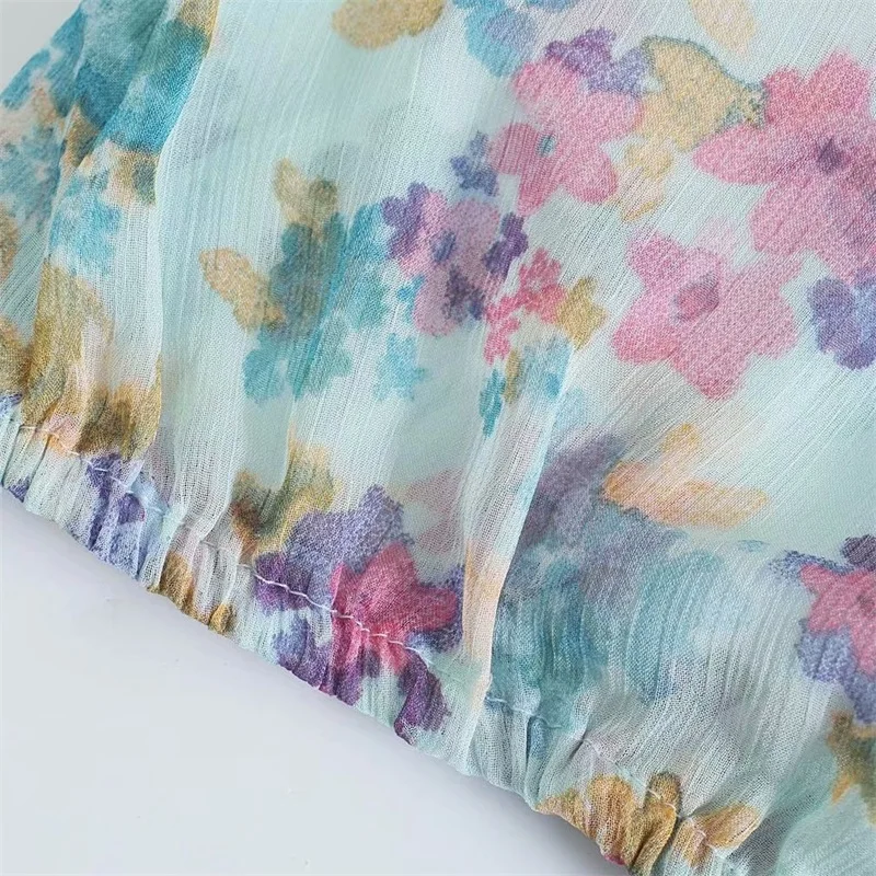 

MESTTRAF Women 2021 Fashion V-neck Printed Short Shirt Retro Long Sleeve Hem Elastic Shirt Streetwear