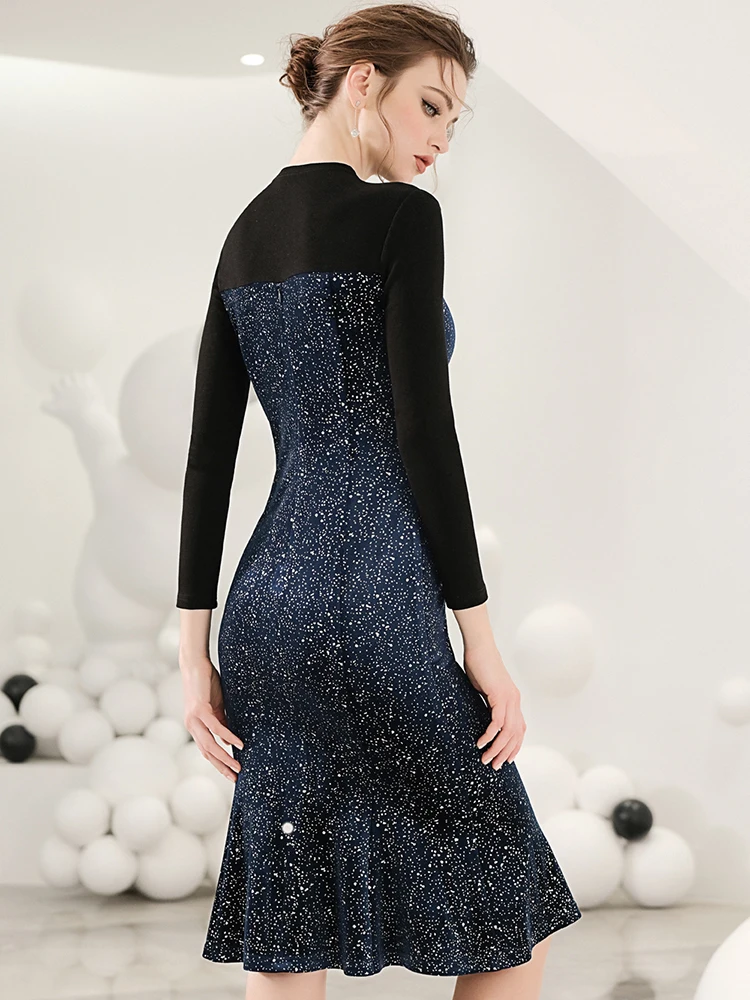 

Women Sequined Shiny Long Sleeve Evening Party Casual Dress Elegant Vintage Patchwork Midi Dresses Vestidos Female
