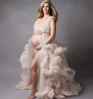 luxury ruffles maternity gowns for photo shoot tiered skirts women maternity dresses front slit wrap cape bathrobe sleepwear