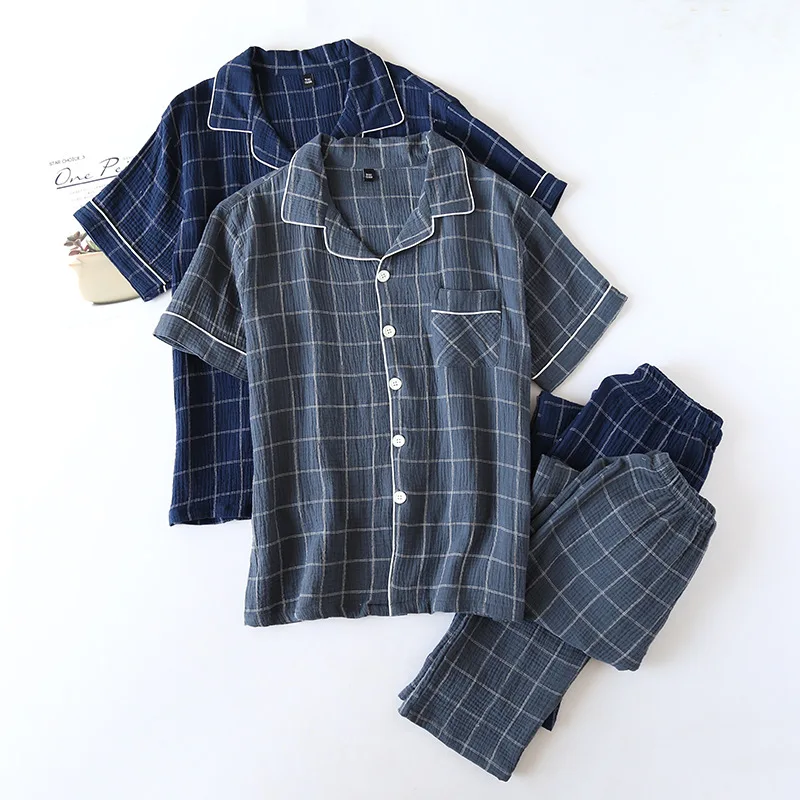 

Men Pajama Set Summer Crepe Plaid Lapel Button Sleepwear Male Short-Sleeve Top Pants Two-Piece Home Suit