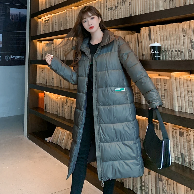 

X-Long Winter Jackets Women's Shinny Stand Collar Long Sleeve Ladies Casual Down Coat Solid Loose Outerwear for Female 2021