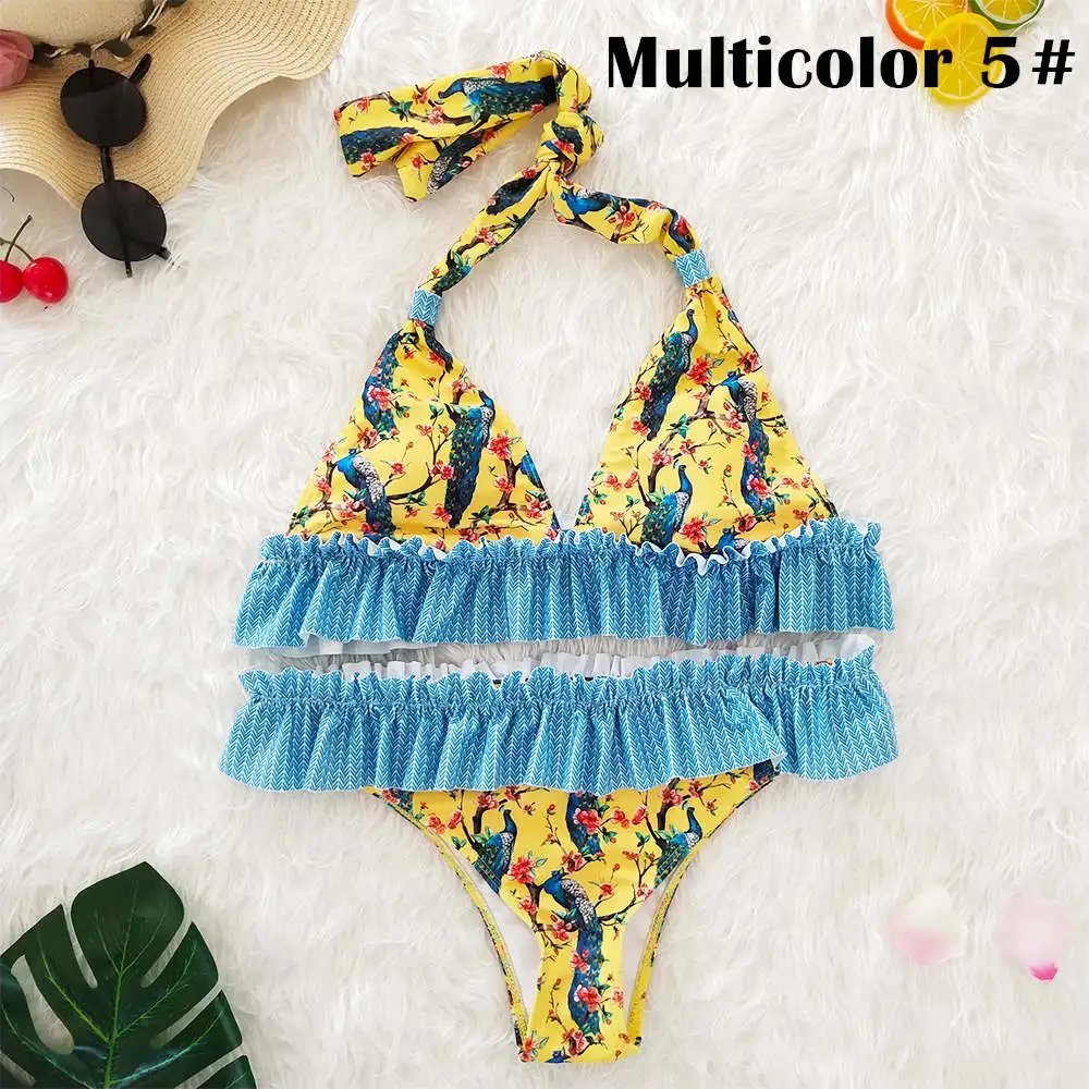 Multicolor 5 Цветочный купальник с бретелькой через шею, сексуальный, бикини для женщин, гофрированный купальник-бикини треугольной формы с v-образным вырезом, купальный костюм, пляжная одежда с открытой спиной, бикини - Цвет: Multicolor 5