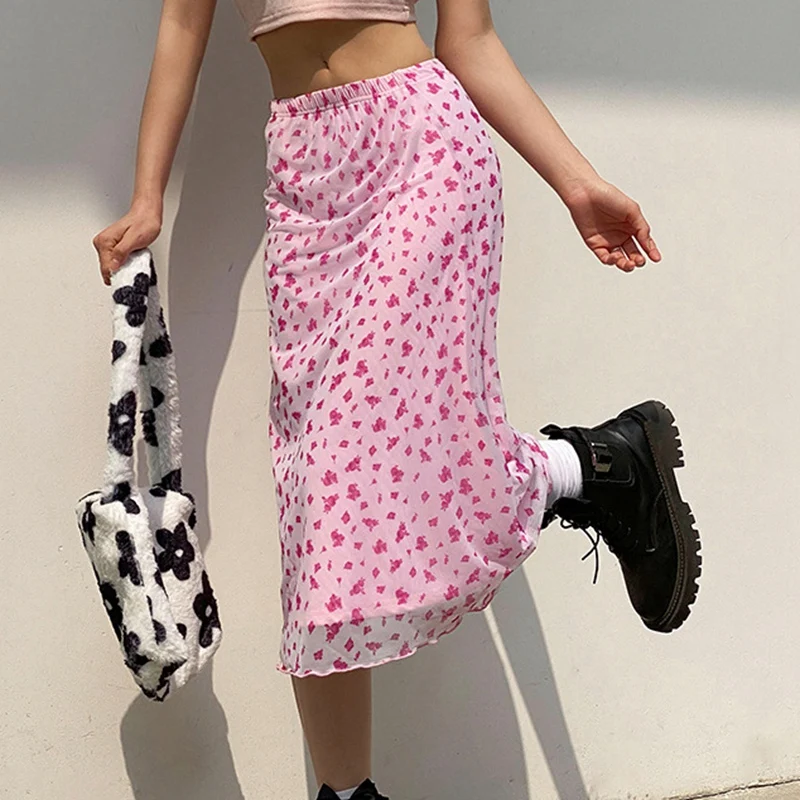 

Uclio Floral Print Pink High Waist Midi Skirt Y2K Patchwork Mesh A-Line Short Skirts Womens Summer Casual Kawaii Fashion