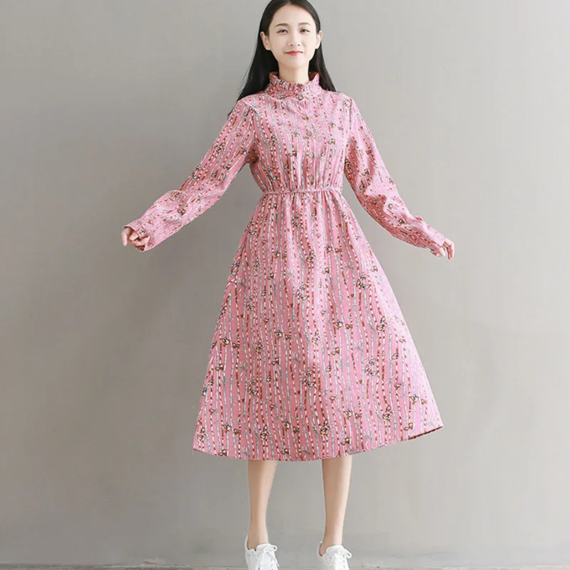 Mori Girl Autumn Spring Women Sweet Dress Longo Vintage Corduroy Midi Chic Blue Pink Animal Print Elastic-Waisted Vestidos | Женская