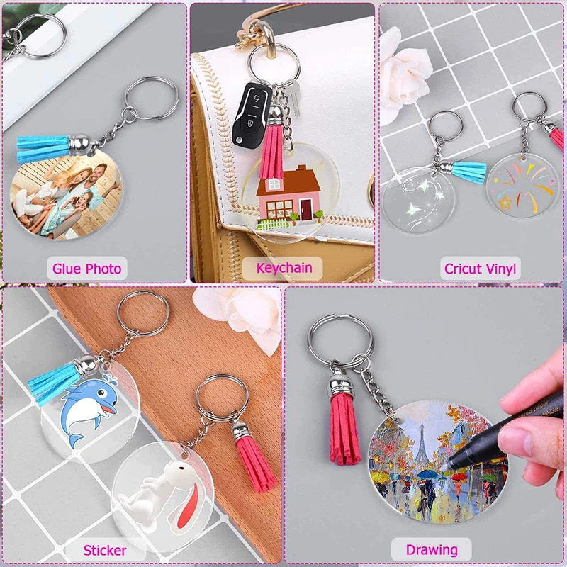 1 set Acrylic Clear Circle Blanks Keychain Tassels Set Acrylic Circle Keyring Tassels Jump Rings For Jewelry DIY Keychains images - 6