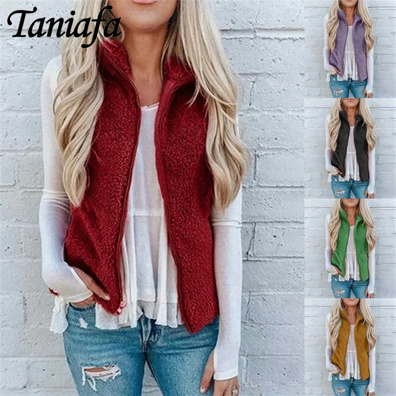 

S-5XL Women Casual Solid Color Coat Autumn Winter Fluffy Zipper Vest Fashion Sleeveless Leisure Tops