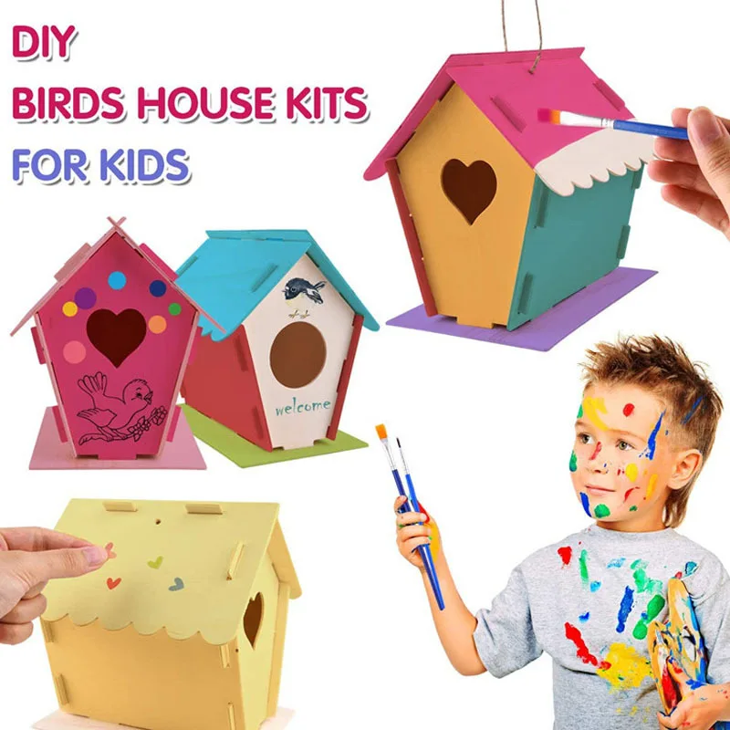 

Diy Wooden Bird House Colorful Pigment with Painting Brush Set Educational Toys for Children Best Collection Kids Christmas Gift