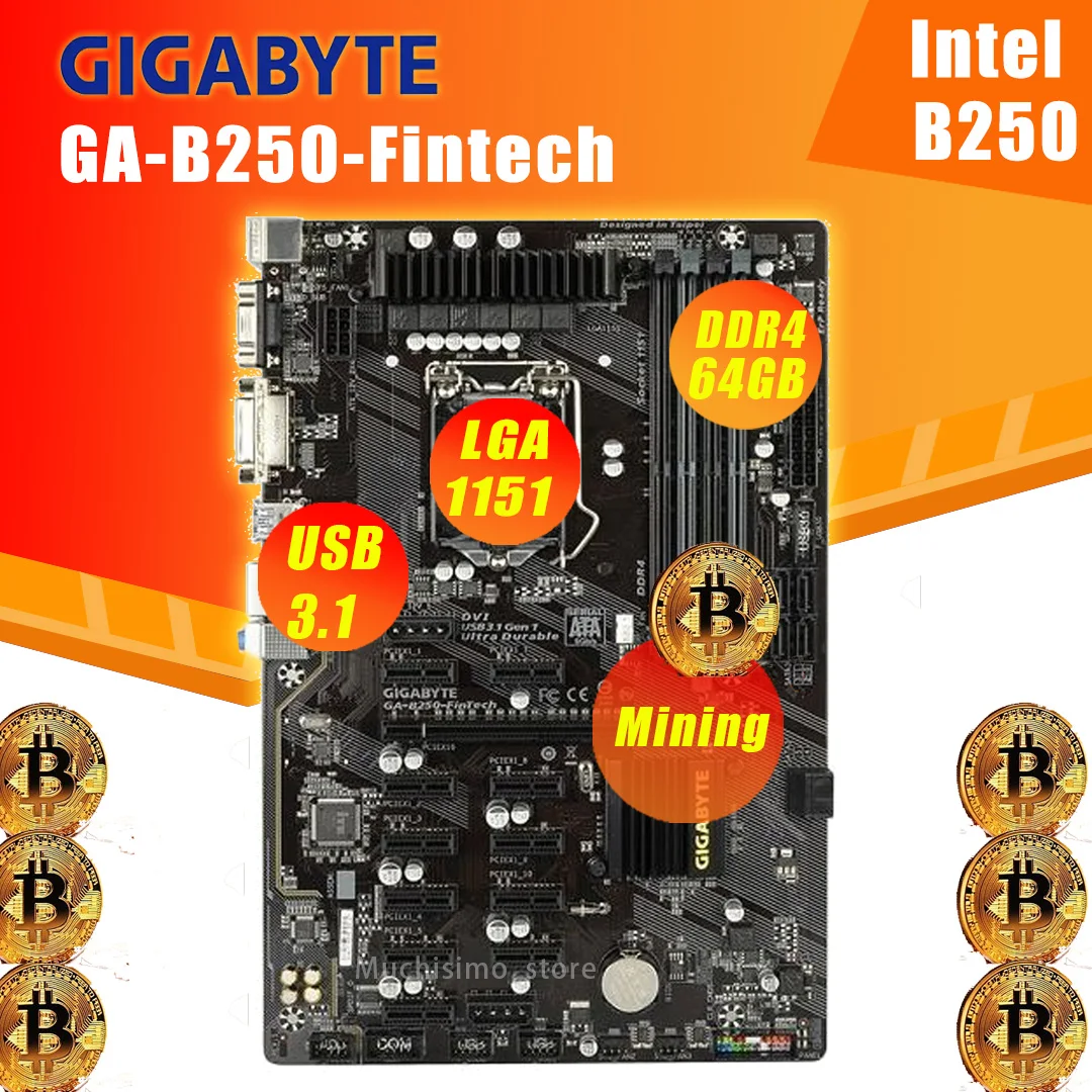 

Используется для Gigabyte B250-FinTech материнская плата LGA 1151 11 × PCI-E X1 PCI-E 3,0 64 ГБ для горного рабочего стола Intel B250 системная плата ATX для майнинга