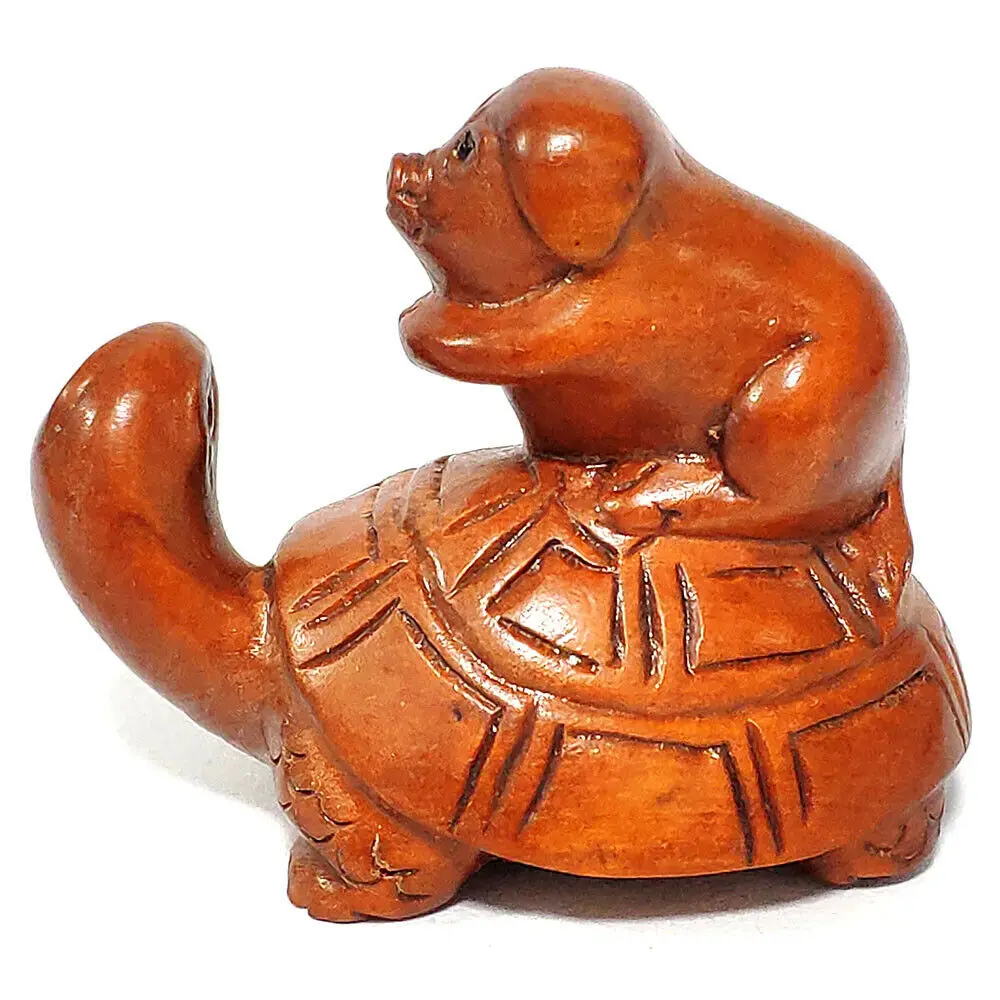 

2-Дюймовая японская резная вручную скульптура самшита Netsuke, миниатюрная Милая свинья черепаха для верховой езды-# X4508