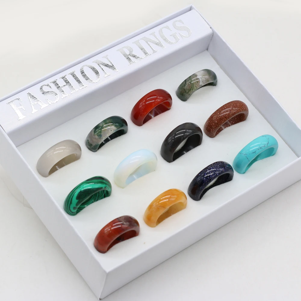 

Natural Stone Semi-precious Stones Popular Fashion Ring Mixed Color 12/box Handmade Jewelry DIY Men and Women Can Wear