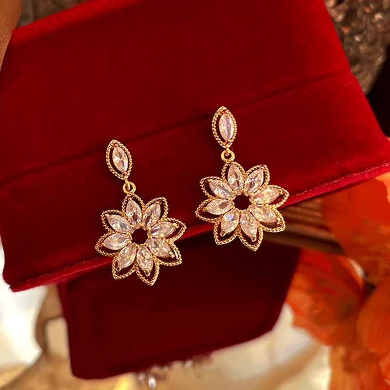 

Trendy Exquisite 14k Real Gold Crystal Flowers Drop Earrings for Women High Quality Jewelry Bling AAA Zircon S925 Silver Needle