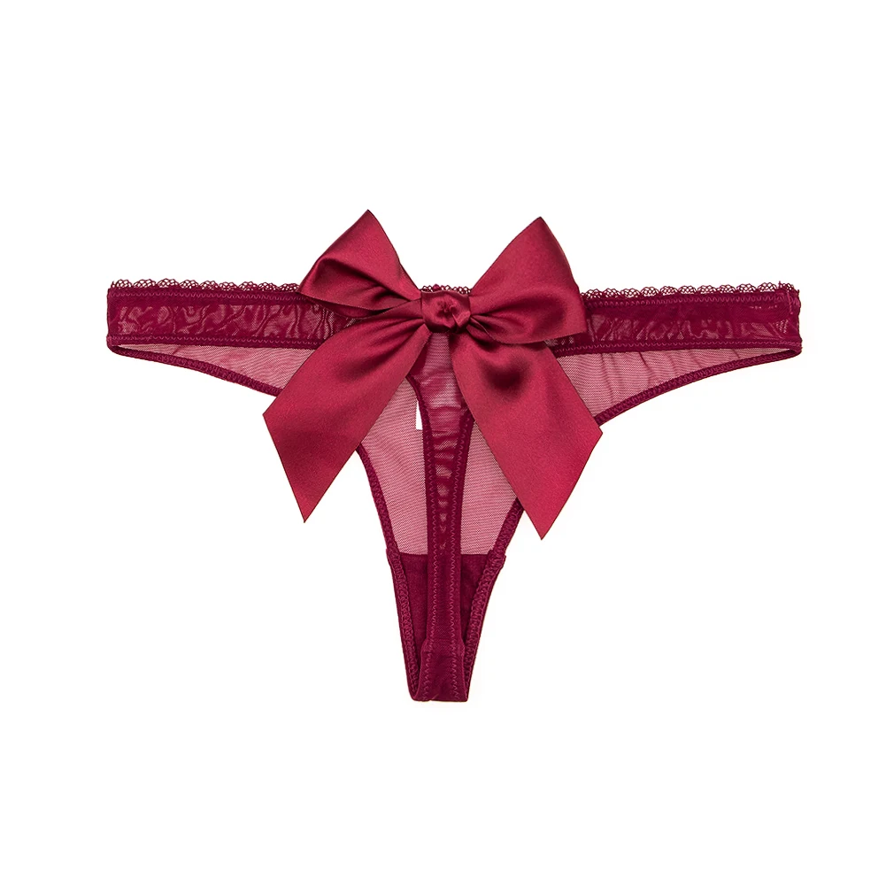

Ladies sexy erotic feminine big bow thong seductive see through panties high end red wine low rise panty CYHWR