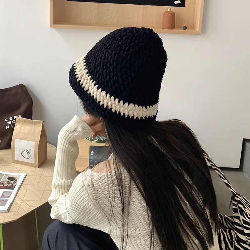 

Color Matching Ladies Autumn Winter All-match Handmade Thick Wool Basin Hat Warm Fisherman Bonnets for Women Designer Beanie