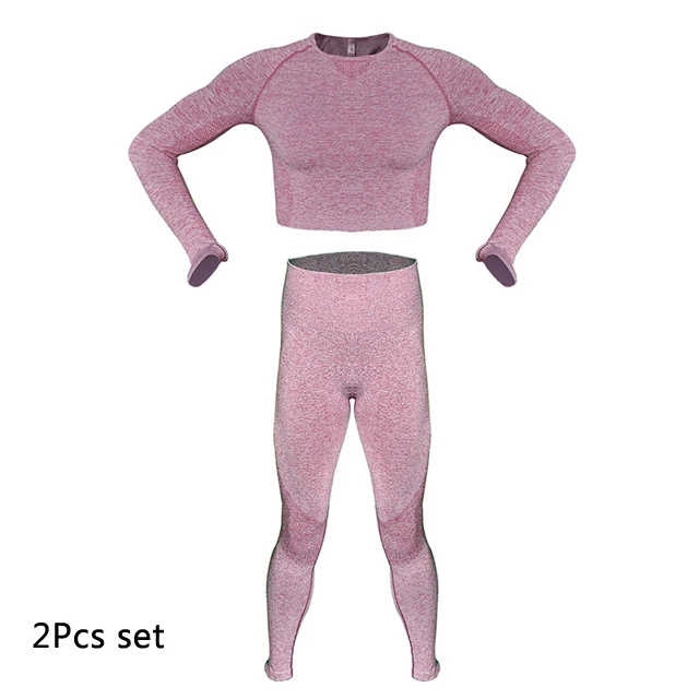 Red 2Pcs Set Комплект для йоги, женская одежда для фитнеса, бесшовный спортивный топ с длинным рукавом, Леггинсы для йоги, комплект для спортзала, спортивный костюм, спортивная одежда, тренировочный костюм - Цвет: Red 2Pcs Set