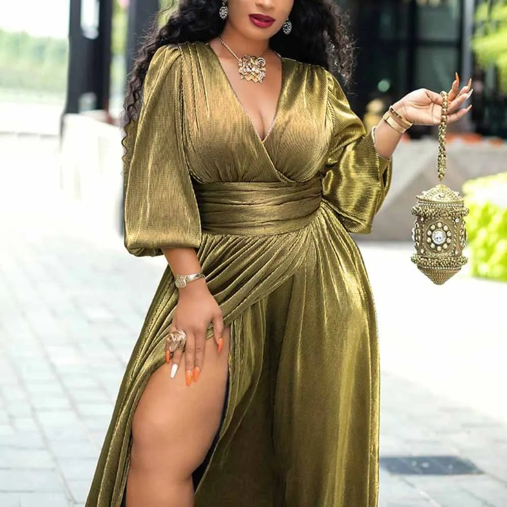 

Y2K Golden Dress Women Sexy Split Tunic High Waist African Ladies Streetwear 2021 Spring Long Sleeve Party Maxi Dress Plus Size