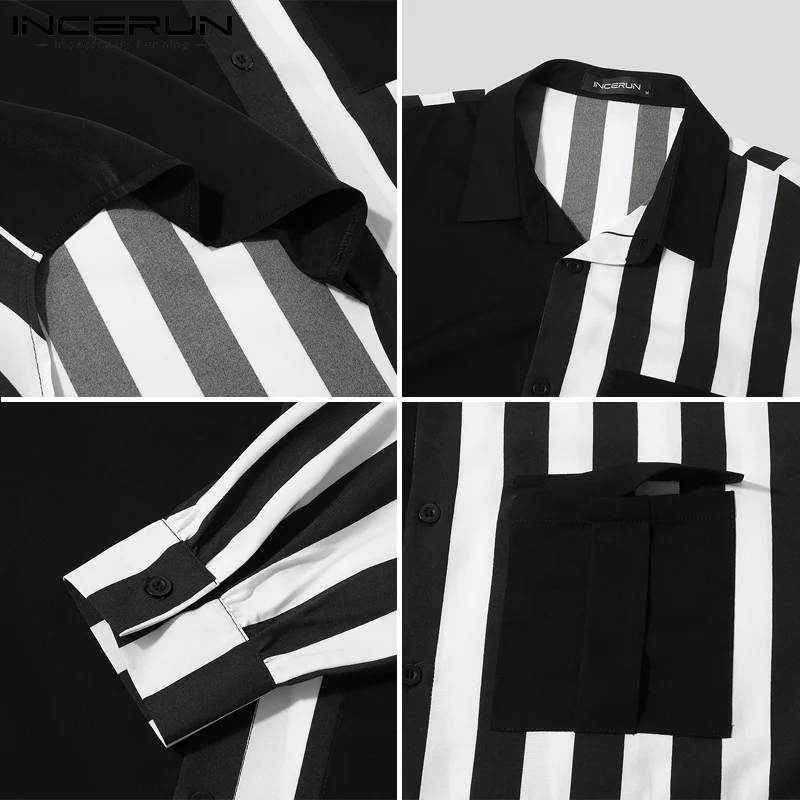 

INCERUN 2021 Men Shirt Striped Patchwork Lapel Long Sleeve Fashion Irregular Shirts Men Loose Streetwear Pockets Casual Camisas