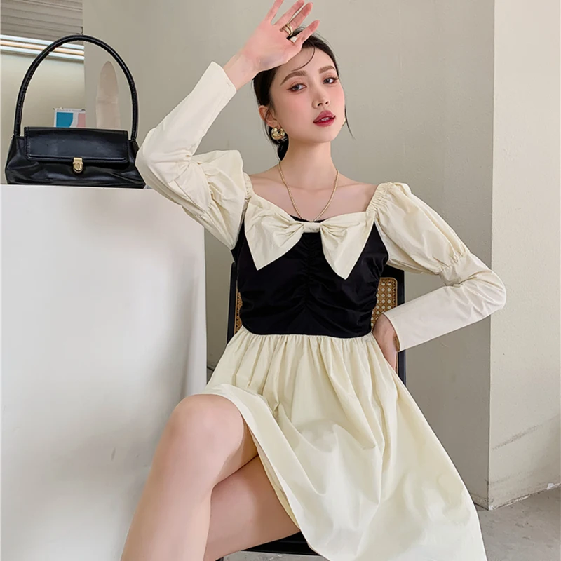 

XIZIHUPAN Sweet Bowknot Dress For Women Square Collar Long Sleeve Patchwork Hit Color Mini Dresses Female Summer Fashion 2021
