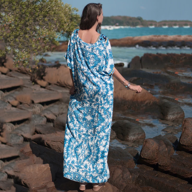 Женское пляжное платье с коротким рукавом голубое хлопковое богемным принтом и