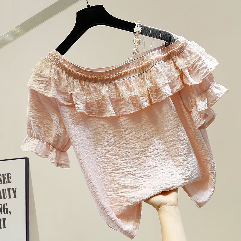 

Women Summer White Pink Blouse Harajuku Beaded Sweet Ruffled Splicing Collar Mesh Stitching Perspective Short Sleeve Shirt Blusa