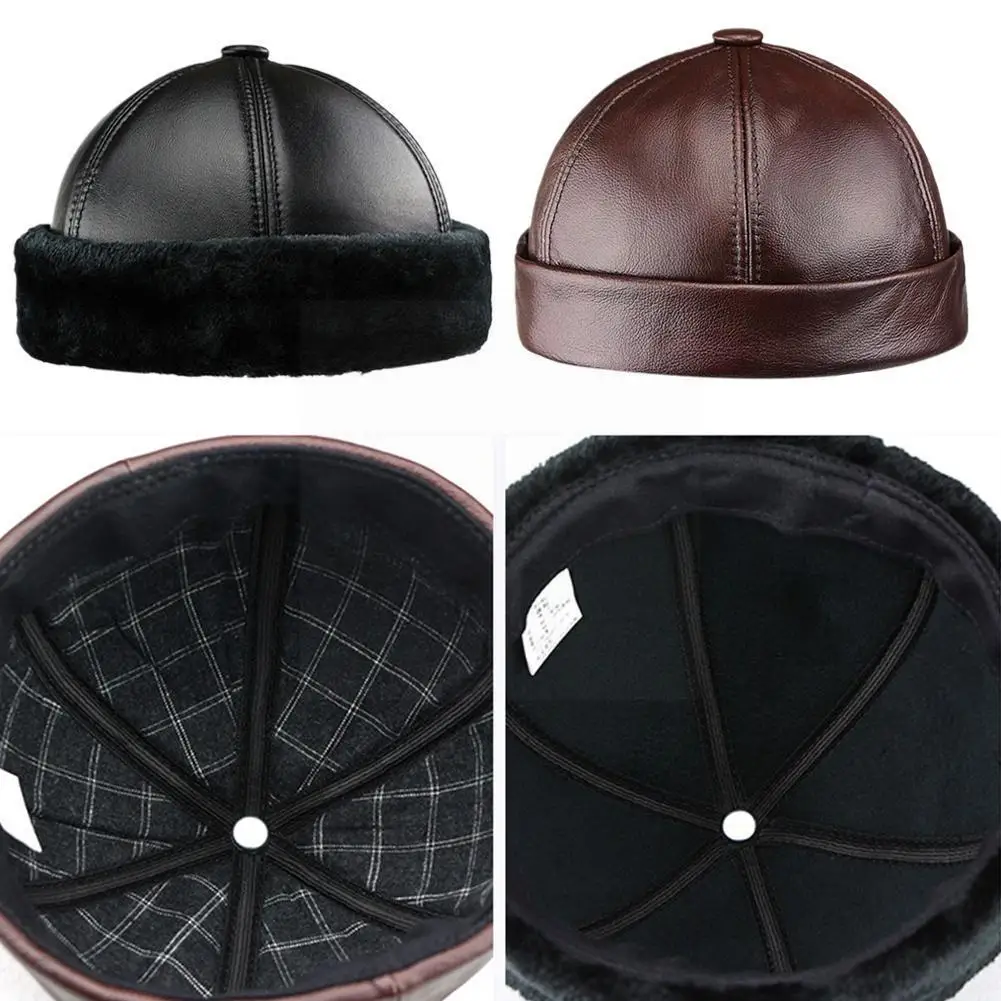

Leather Hat Landlord Hat Men's Winter Warmth Without Melon Old Hat And Eaves People Leather Middle-aged Hat H6d0