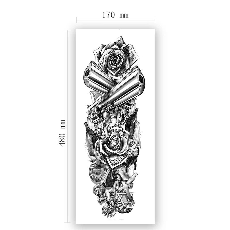 

Waterproof Temporary Tattoo Sticker Rose Solitaire Gun Geometric Totem Full Arm Tatoo Fake Tattoo Flash Tattoos for Men Women