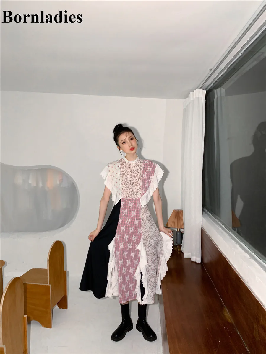 

Bornladies Vintage Patchwork Long Summer Dresses for Women 2021 Ruffle Sleeveless Tunic Midi Ladies Dress Designer Clothes
