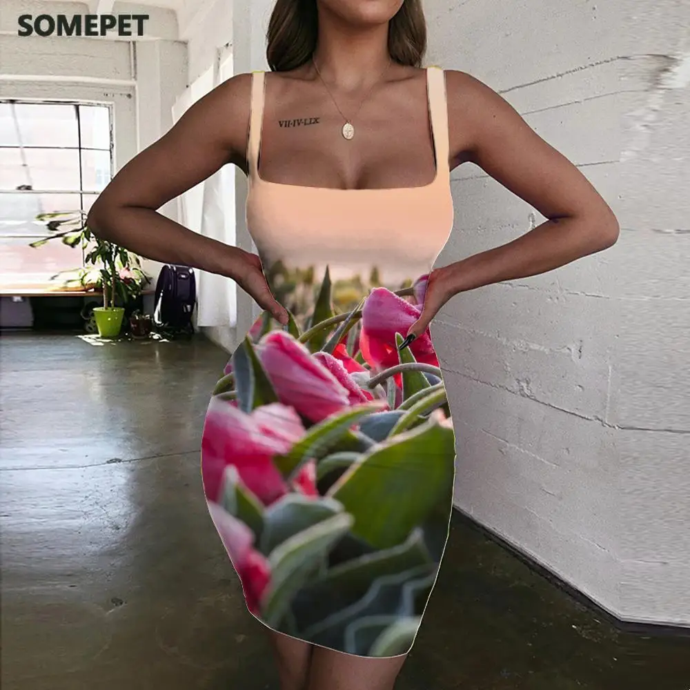 

SOMEPET Tulip Dresses Women Sun Ladies Dresses Plant Vestido Sexy Landscape Bodycon Dress Womens Clothing Party Vintage Beach