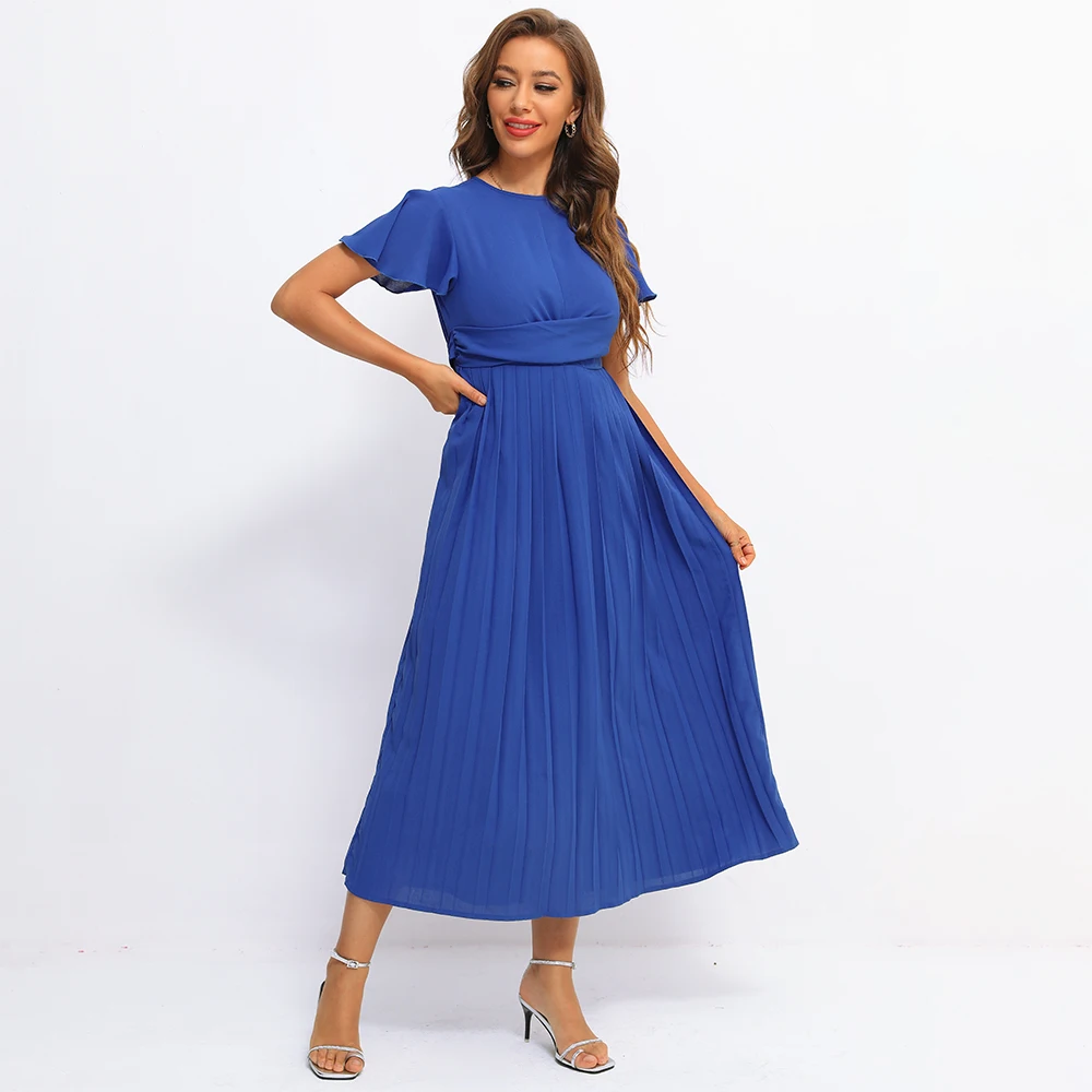 

Fridayin 2021 Summer Chic Women's Sexy Backless O-Neck Long Dress Pure Color Ruffled Short Sleeves A-Line Vestidos