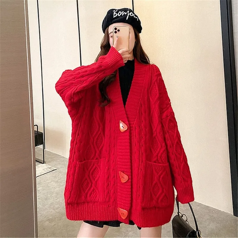 

Sweater Coat Women Solid Color Cardigan Loose Lazy Style Mid-length 2020 New Retro Hemp Flowers Sweater Thickened Autumn Winter