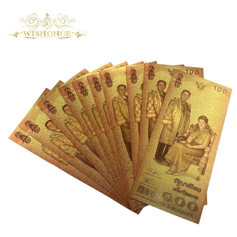 

2020 New Thailand Banknotes 100 Baht Bill Gold Banknote With Colors Thailand 24k Gold Plated Note For Gift 10pcs/lot