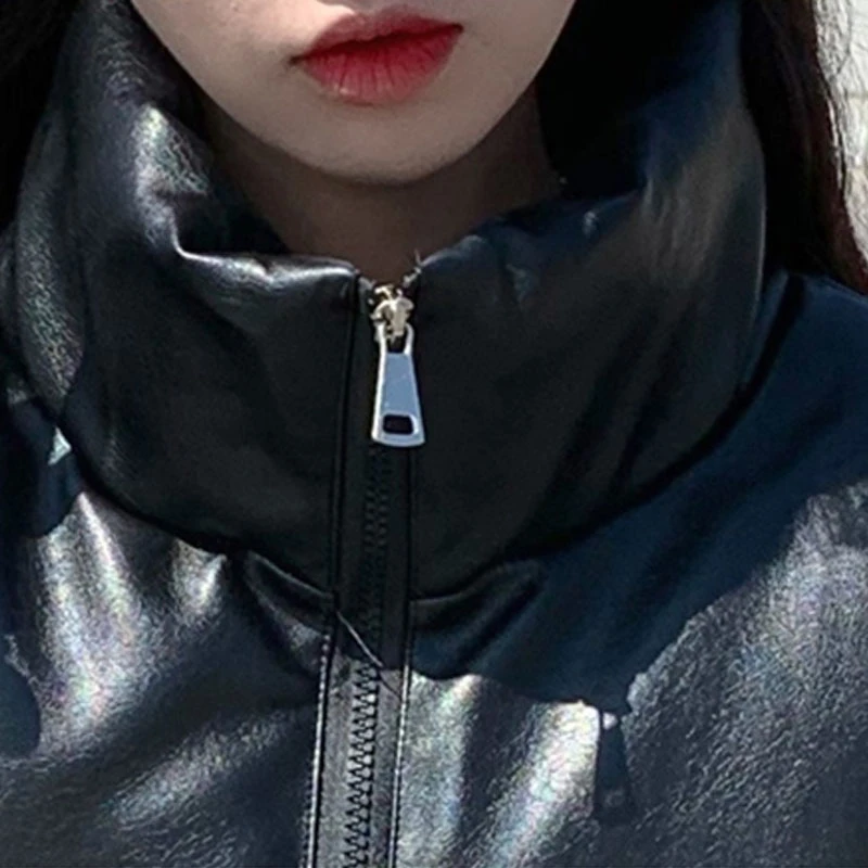 2021 модная черная короткая теплая куртка из искусственной кожи пузырьковая