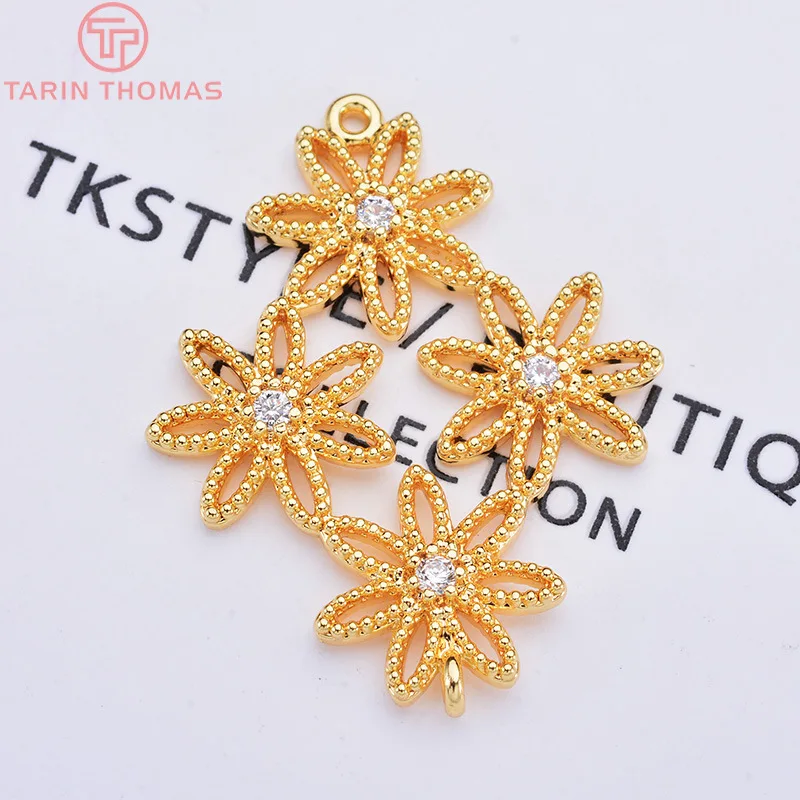 

(208) 6PCS 21x27MM 24K Gold Color Brass with Zircon 4 Connected Flowers Pendants Charms High Quality Diy Jewelry Findings