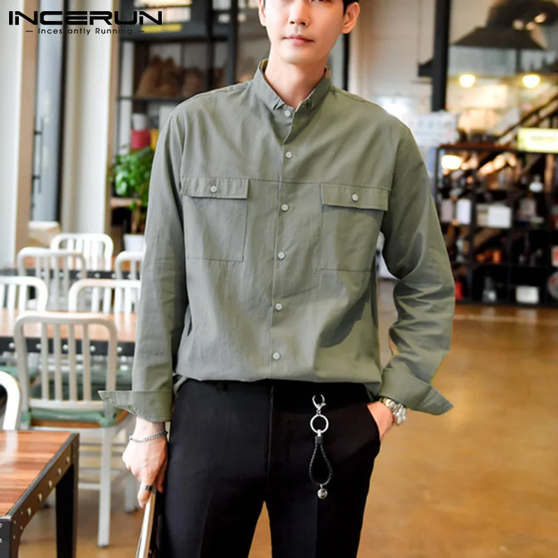 

Мужская хлопковая рубашка с отложным воротником, повседневная Однотонная рубашка с длинными рукавами и карманами, уличная одежда, 2021