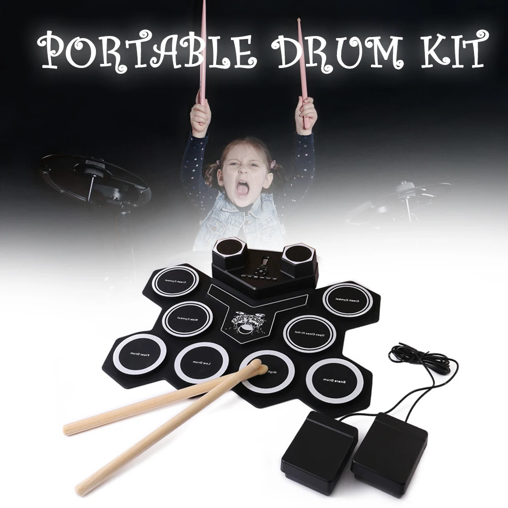 

Portable Roll-Up Electronic Drum Silicone USB Electric Drum Pad Kit Beginners Exercise Training with Drumsticks Sustain Pedal