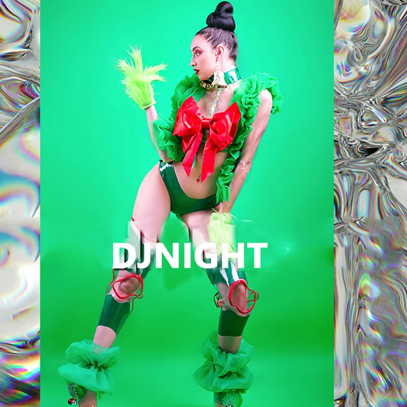 

Christmas Clothes Women Sexy Transparent Contrast Color Stitching Bow Jumpsuit Gogo Dancer Costumes Pole Dance Outfits XS3124