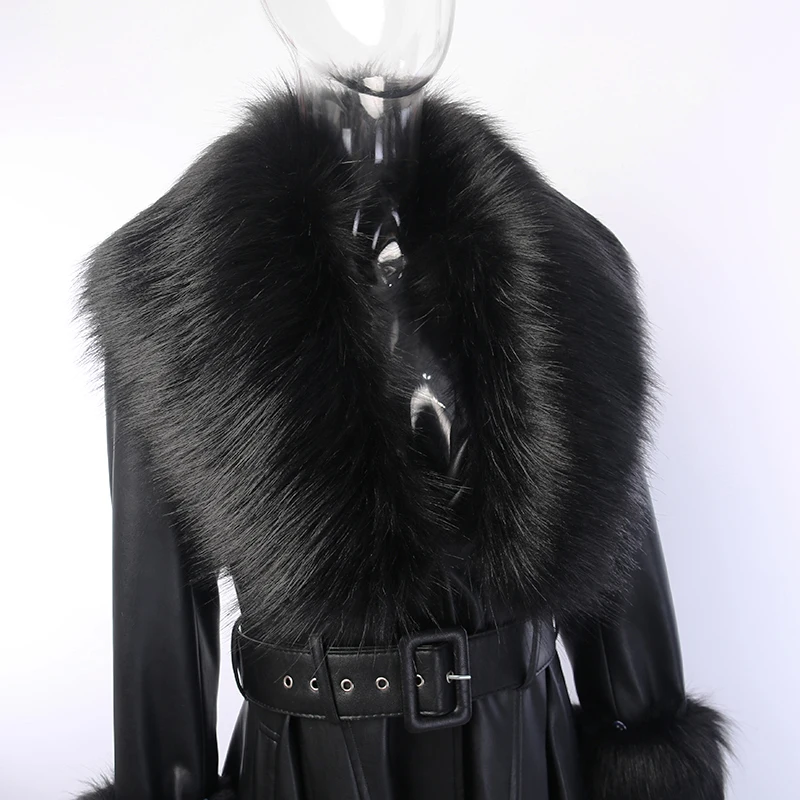 WannaThis Faux Leather Fur Coat Women With Belt Warm Thick Outwear PU Leather Streetwear Female Elegant Outwear Long Coat Green