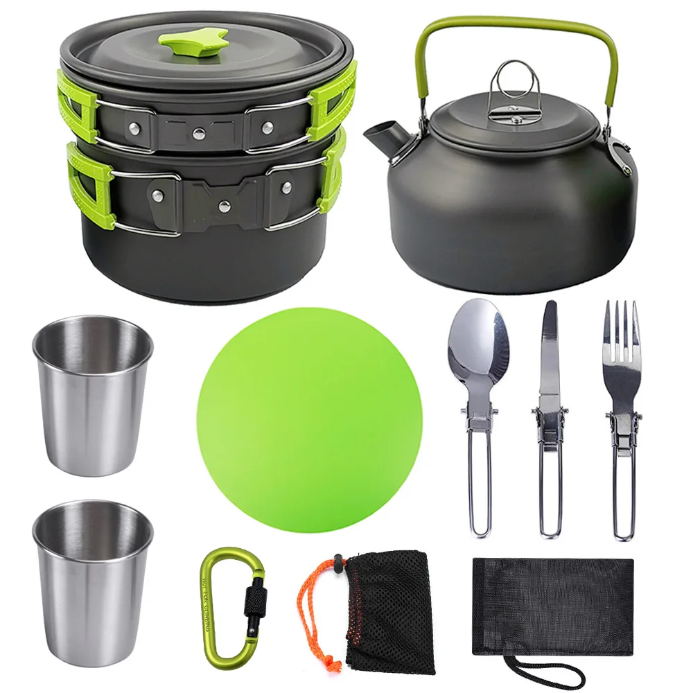 

1 Set Outdoor Pots Pans Camping Cookware Picnic Cooking Set Non-Stick Tableware With Foldable Spoon Fork Knife Kettle Cup