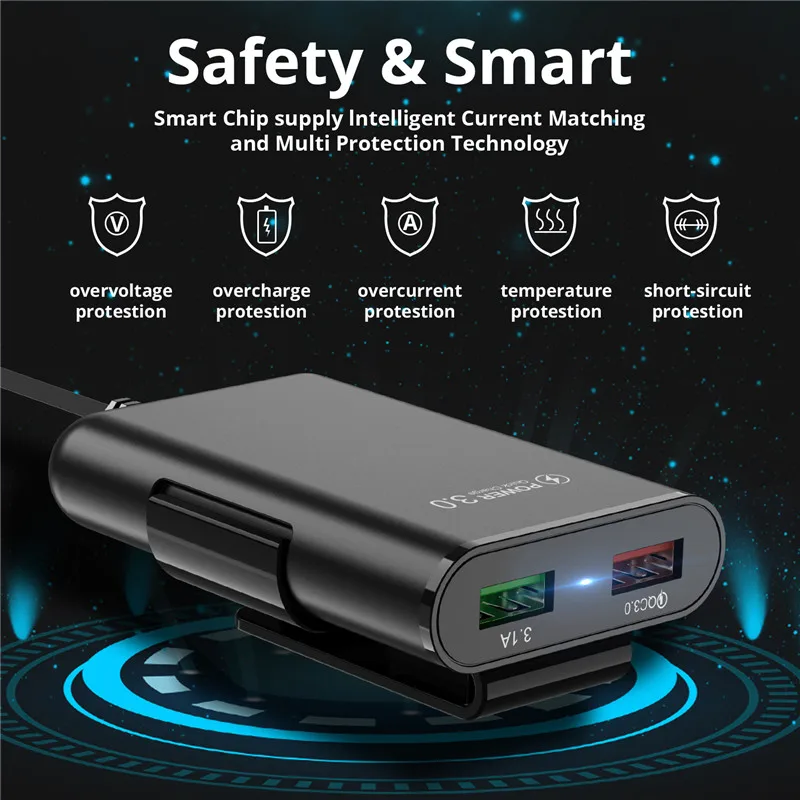 USLION, мульти USB, 4 порта, QC 3,0, автомобильное зарядное устройство, быстрая зарядка, телефон, быстрая зарядка, передний задний сиденье, зажим, зарядный адаптер, портативная вилка для iPhone