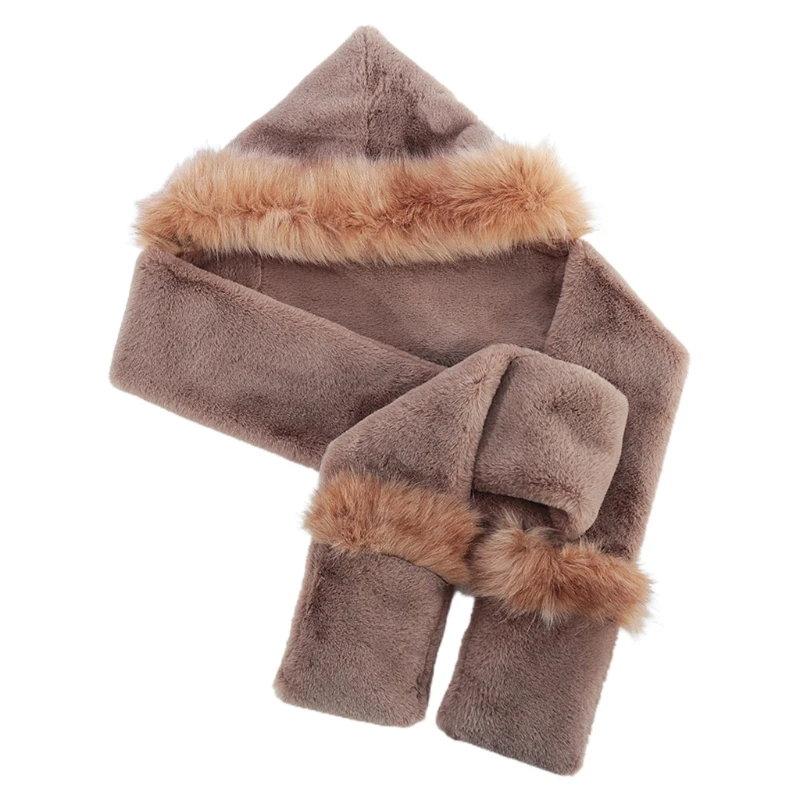 

Winter 2 In 1 Hooded Long Scarf Hat Solid Color Fuzzy Earflap Cap Neck Warmer A0NF