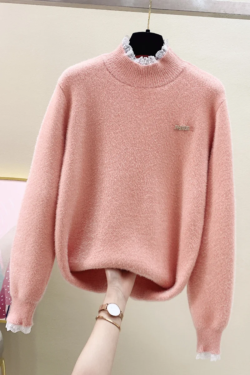 

Women Winter Stitching Lace Turtleneck Pullover Sweater Mink Cashmere Soft Solid Sweater Office Ladies Tops