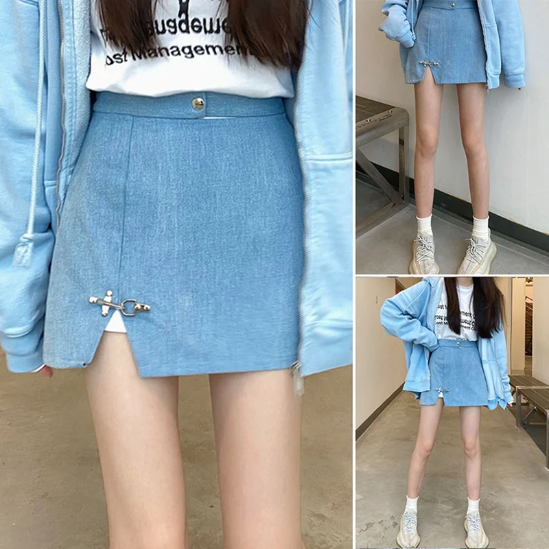 

Female Sexy Slim-Fit Split Skirt Female Design Denim Bag Hip Skirt Blue