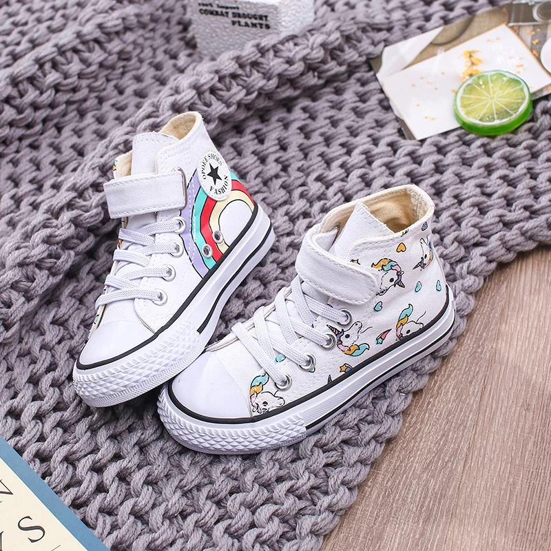 

High Toe Unicorn Sneakers Girls 2021 Autumn Spring High Bottom Canvas Boys Shoes Print Rainbow School Boys Sneakers Fashion Shoe