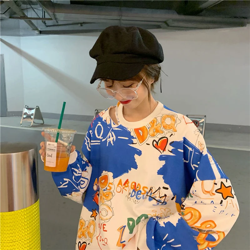 

2021 new autumn Korean chic loose hoodie retro graffiti print Harajuku hip-hop sweatshirt casual all-match casual hoodie