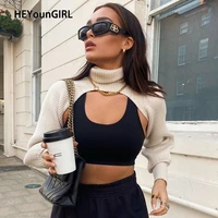heyoungirl casual turtleneck crop top sweater women smocked solid vintage knitted jumpers ladies fashion long sleeve pullover